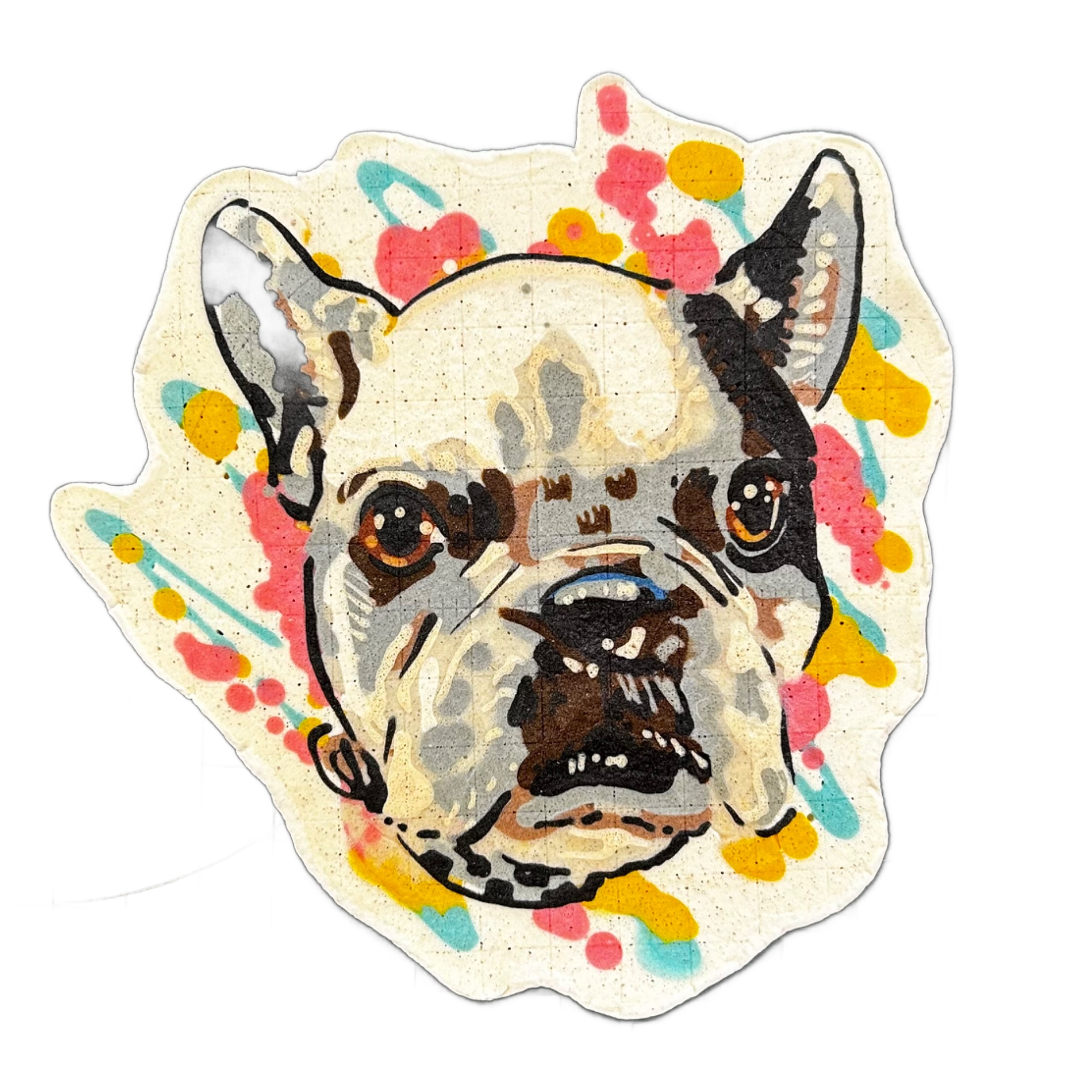 A pancake art portrait of a dog named Edgar, depicting the head and face of a French Bulldog with bat-like erect ears, a broad flat muzzle, deep-set brown eyes with white highlight dots, and a slightly open mouth showing teeth, surrounded by splashes and drips of pink, yellow, and teal batter again…