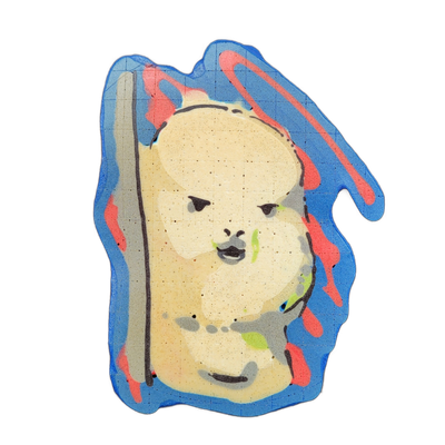 A llama face rendered in pancake art, shown from roughly the front, with small dark eyes, a wide flat nose, and a slightly open mouth; the face is pale yellow with gray and green accent areas around the lower face and neck, set against a blue background with bold red streaks running diagonally acro…