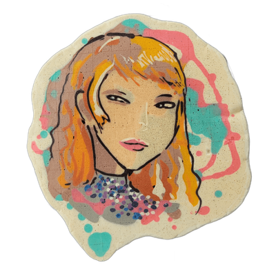 A portrait of a young woman with long, wavy orange-blond hair and bangs, rendered from roughly the shoulders up, facing slightly left with a neutral expression, pink lips, and defined dark brows and eyes; a jeweled or beaded neckline detail appears at the bottom of the frame in blue, purple, and wh…