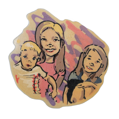 Pancake art depicting three children: a toddler or infant on the left with short light hair, a taller child in the center with long light hair pulled back and a smile, and a younger child on the right with shoulder-length light hair, also smiling. Rendered by Dan with bold black outlines, skin tone…