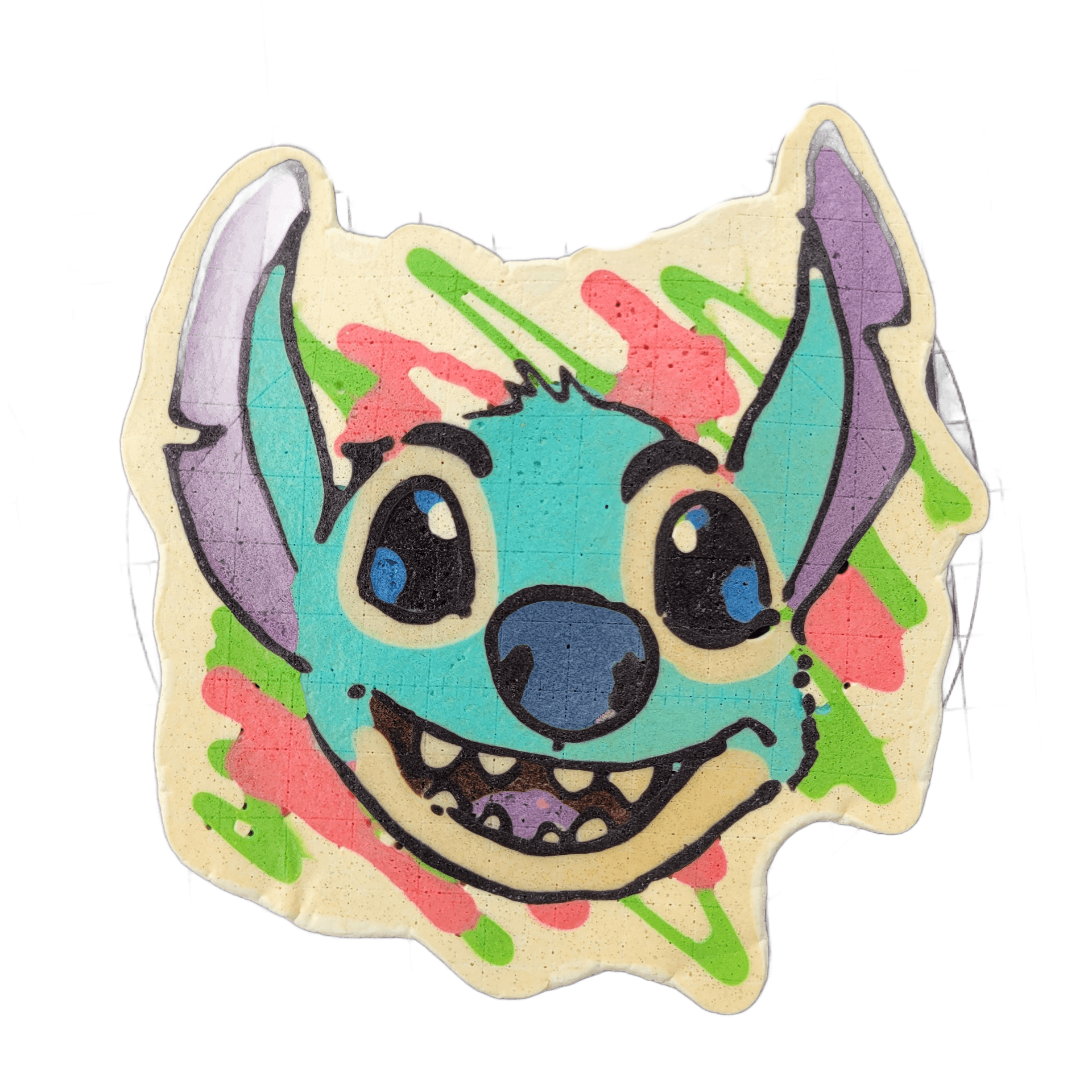 A pancake art piece depicting a cartoon alien creature face with large round eyes with blue irises, a wide open-mouthed grin showing multiple teeth, a broad blue-gray nose, and two tall pointed ears with purple interiors extending upward from the sides of the head. The face is rendered in teal-blue…