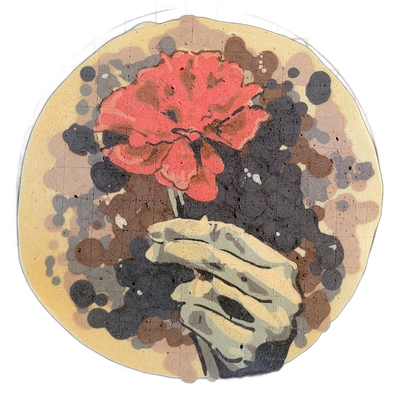 A circular pancake art piece depicting two hands held together, one positioned beneath the other in a cupped or cradling pose, holding the stem of a large red-pink flower with ruffled, layered petals — the hands are rendered in light gray and cream tones with dark line detailing across the fingers,…