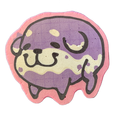 Pancake art depicting Poffridge, a Shiba Inu–shaped sentient poffertje from the JoP cast, shown as a round, compact figure with a cream-colored muzzle area, small dot eyes, a curved nose, and a flowing tail curving upward to the right, set against a violet-to-lavender fill with scattered cream spot…