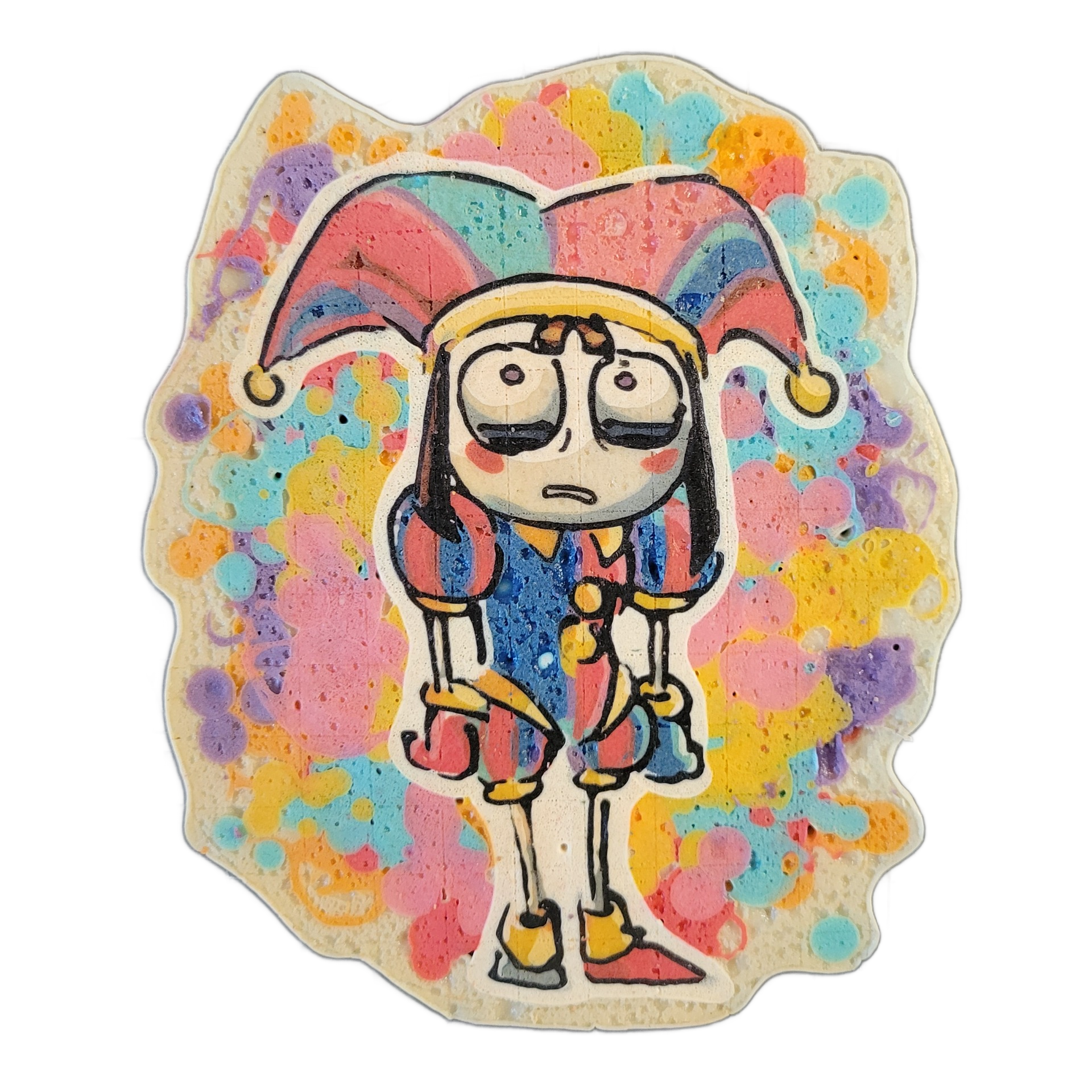 Pancake art of Pomni, a cartoon character wearing a multicolored jester costume with a tri-pointed hat, round pale face with large dark-rimmed eyes and pink cheek markings, long dark hair, and curled jester shoes, standing upright with arms slightly forward against a background of irregular blotche…
