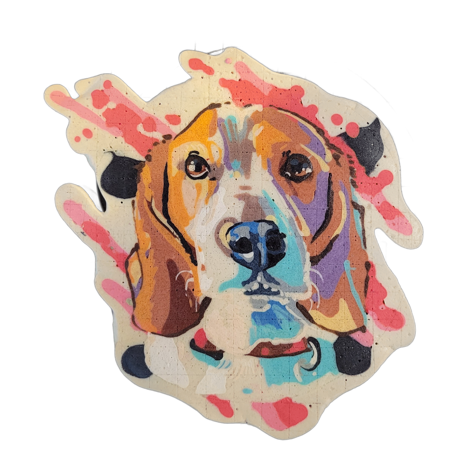 A pancake art portrait of a beagle's face, centered and forward-facing, with long floppy ears, a broad dark blue-tinted nose, brown and tan fur markings, and dark brown eyes. It is rendered with bold outlines and broad color fills in brown, orange, tan, white, teal, purple, and dark blue, surrounde…