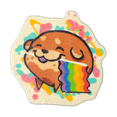 Poffridge, a Shiba Inu-shaped sentient poffertje character, is depicted as a round, compact figure with closed crescent eyes, a wide open mouth showing a purple tongue, short front paws, and a rainbow streaming horizontally from the mouth across the body; the background field is off-white with scat…