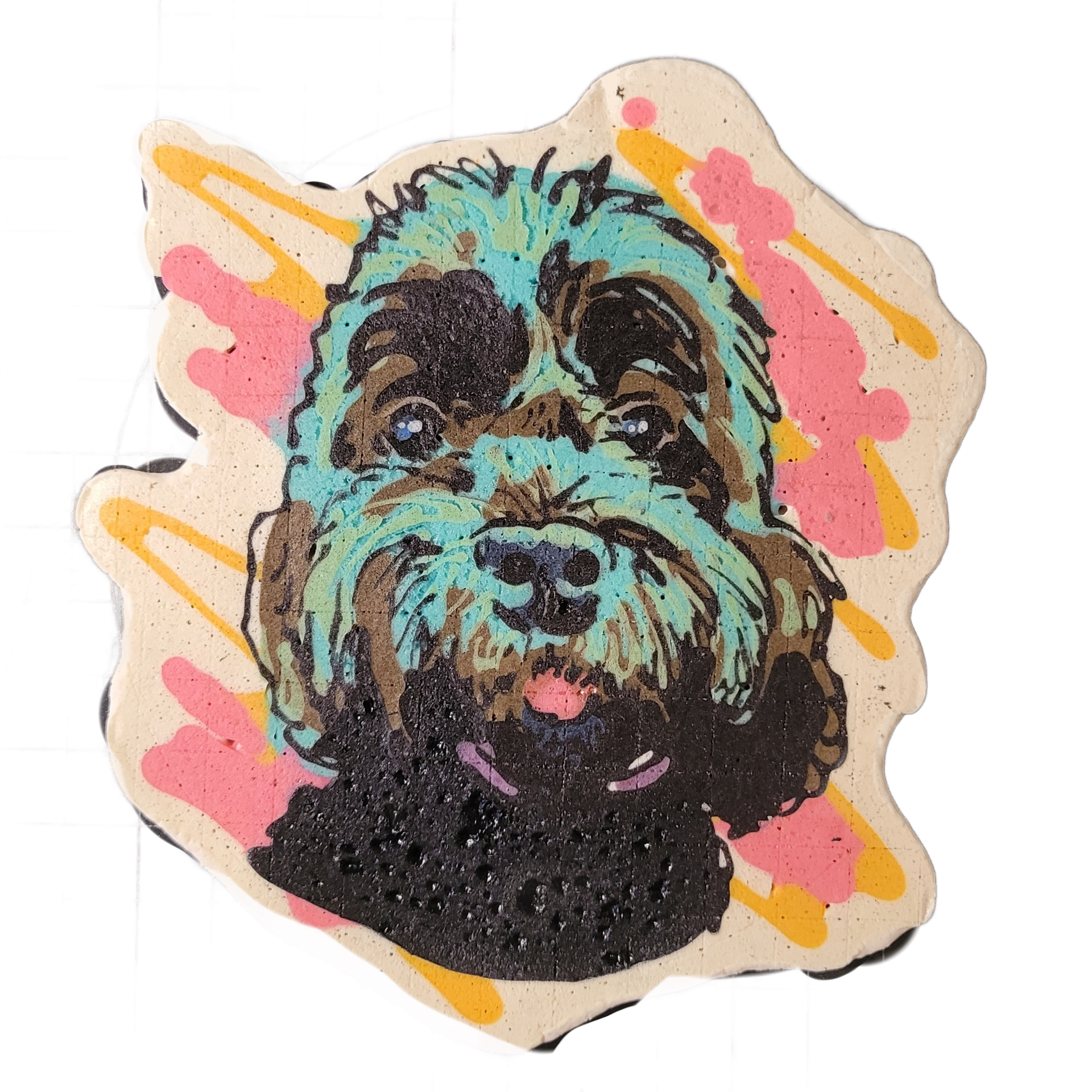 Pancake art portrait of a fluffy, dark-coated dog named Daphne, shown from the chest up, facing forward with mouth open and tongue slightly visible, wearing what appears to be a collar with a tag. The piece uses bold black outlines with teal and brown fill across the face and fur, a predominantly b…