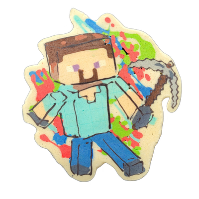 A pancake art piece depicting a blocky, pixelated humanoid figure holding a pickaxe in one hand, wearing a light blue shirt and blue pants, with a square brown-haired head and small square facial features rendered in teal, purple, and skin-tone batter; the figure is surrounded by multicolored paint…