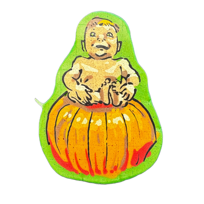 Pancake art depicting a chubby infant figure sitting upright inside a carved pumpkin, with the baby's arms and legs visible over the pumpkin's rim and a neutral-to-smiling facial expression with short hair. Rendered by Dan using bold black outlines, an orange and red pumpkin body with vertical ribb…