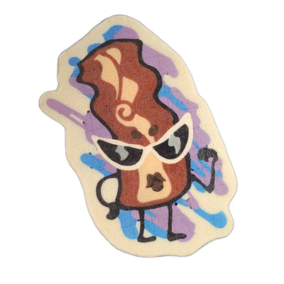 Pancake art depicting Sugar, a bacon strip character from the JoP cast, shown in an upright standing pose with thin cartoon limbs, wearing white cat-eye sunglasses, with one arm raised in a fist and the other at her side, rendered against a backdrop of loose violet and blue brushstroke shapes on a…