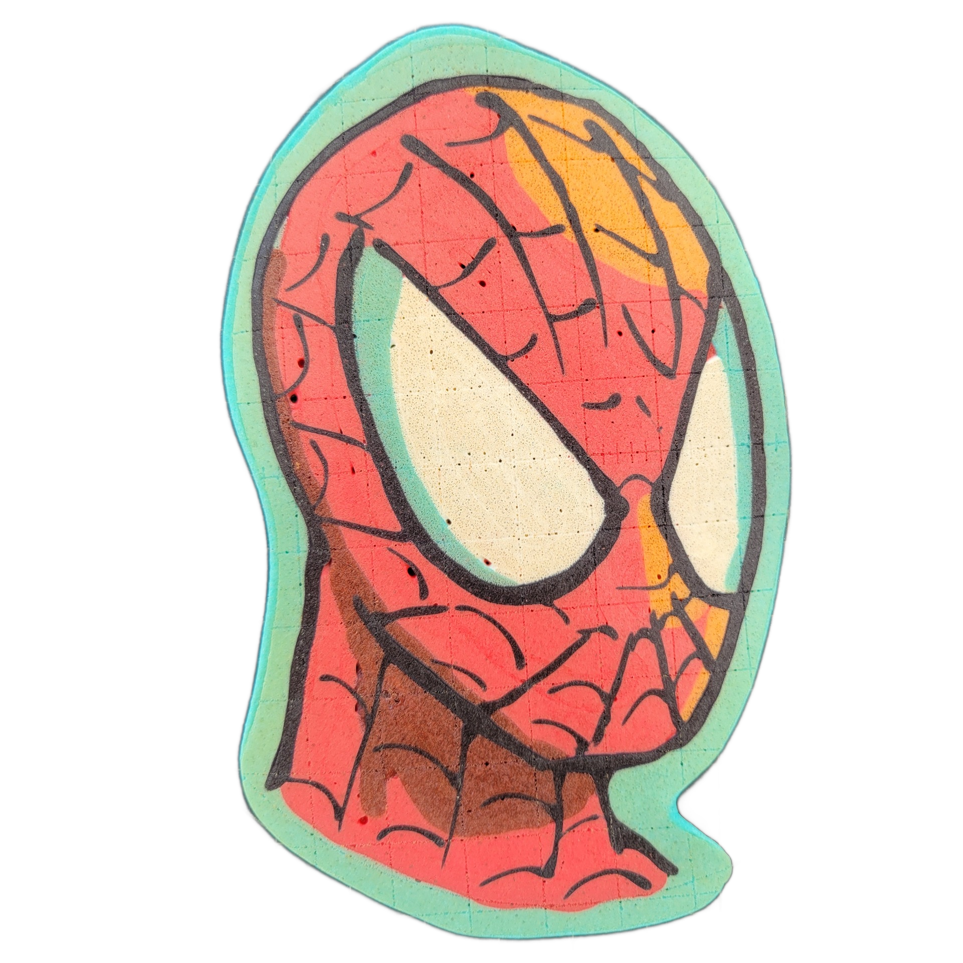 A pancake art portrait of a masked superhero face tilted slightly to the left, featuring two large white angular eye lenses outlined in bold black, a red base with black web-line detailing covering the entire surface, and a section of orange-yellow gradient in the upper right area. Bold black outli…