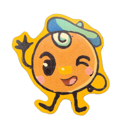 Pancake art depicting Jacques, a round orange cartoon character with a large open eye, a winking eye, pink cheek marks, a small square nose, and an open smiling mouth, wearing a blue and teal cap, with small arms, legs, and feet, one arm raised in a waving gesture. Rendered with bold black outlines…