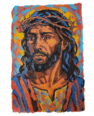 A bust-length portrait of a man with long, wavy dark brown hair, a short beard and mustache, and a crown of thorns resting on his head, depicted as Jesus Christ. The pancake art uses bold black outlines filled with warm brown and orange skin tones, a vivid yellow halo radiating behind the head, and…