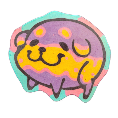 Pancake art depicting Poffridge, a Shiba Inu-shaped sentient poffertje from the JoP cast, shown as a round, compact face-forward figure with small ears, a broad snout with two nostrils, closed or squinting eyes, and four stubby legs visible below the body. Rendered by Dan with bold black outlines,…
