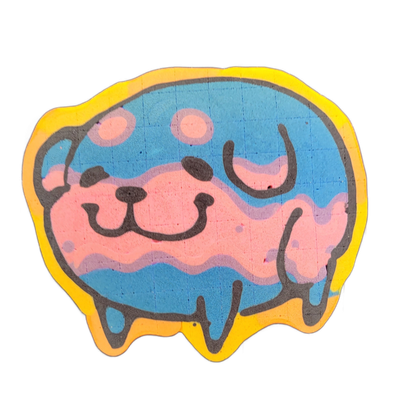 Pancake art depicting Poffridge, a Shiba Inu–shaped sentient poffertje from the JoP cast, shown as a rounded, roughly oval face with small dot eyes, a wide curved mouth, and a pink muzzle area, set against a blue field with wavy pink and violet horizontal bands and two pink circular spots near the…