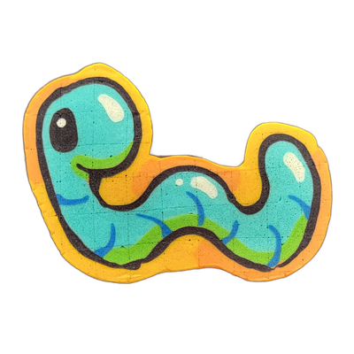 Hermie, an original JoP character depicted as a cartoon worm or caterpillar-like creature, is shown in a curving S-shape with a round head at the upper left and a tapered tail curling up at the right. The pancake art uses bold black outlines filled with teal and turquoise across the body, green str…