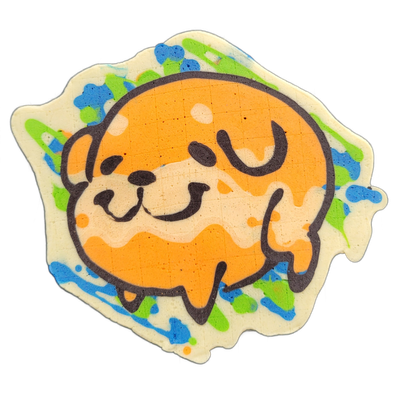 Pancake art of Poffridge, a Shiba Inu-shaped sentient poffertje from the JoP cast, depicted as a round, compact face with small eyes rendered as short curved lines, a rounded snout with a small nose, and a smiling mouth, surrounded by loose drips and splashes suggesting a poffertje's fluffy, irregu…