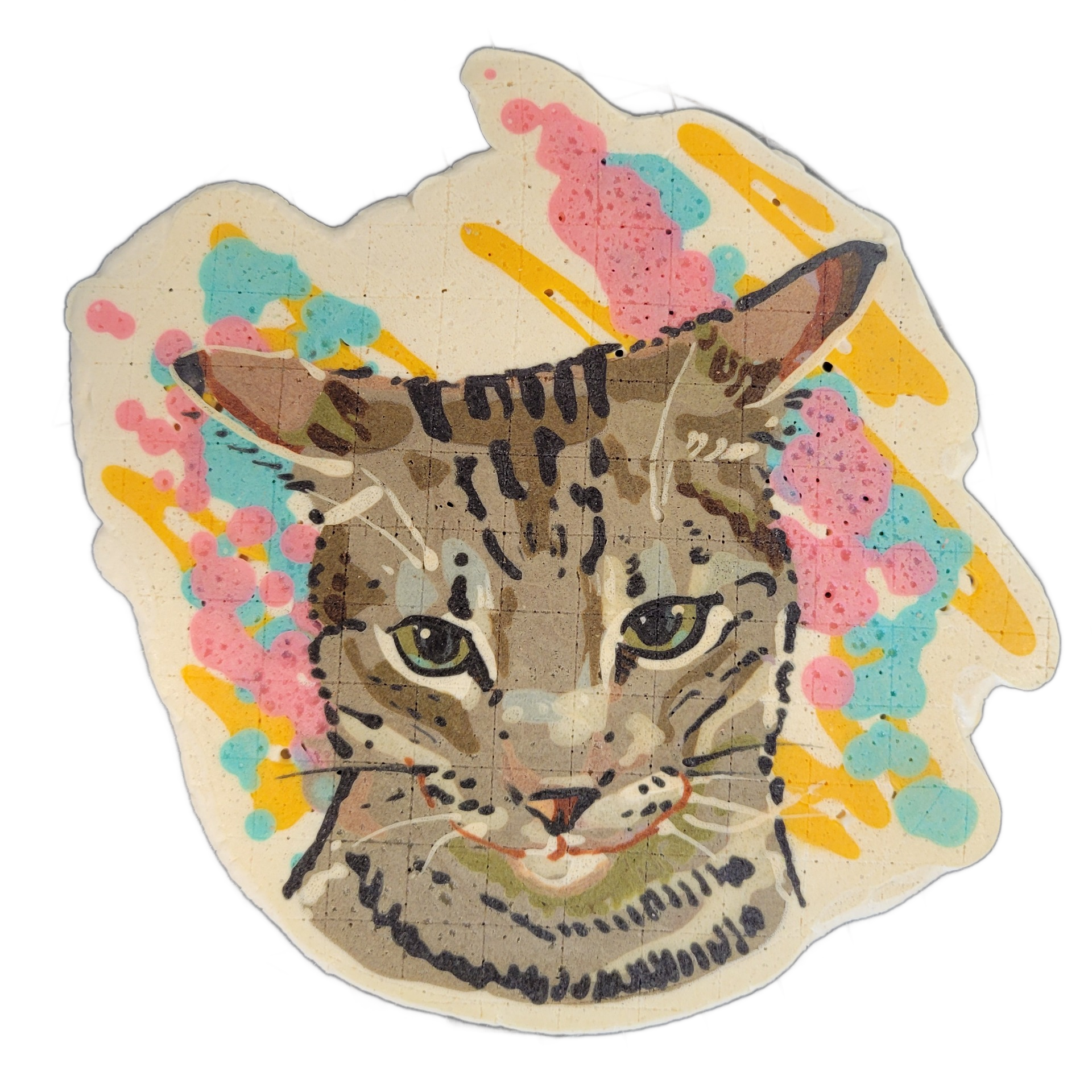 Pancake art of a tabby cat face, rendered front-facing and centered, with brown and black striped fur markings, green eyes, a pink nose, and white whiskers against a cream-colored background with pink, teal, and yellow paint-splatter-style batter surrounding the head. Fine black batter lines define…