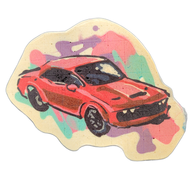 A red muscle car rendered in pancake art, shown from a front three-quarter angle with wide fender flares, a prominent hood scoop, large dark wheels, and dark-tinted windows outlined in bold black batter lines. The car is set against an irregular cream-colored background with loose splashes of pink,…