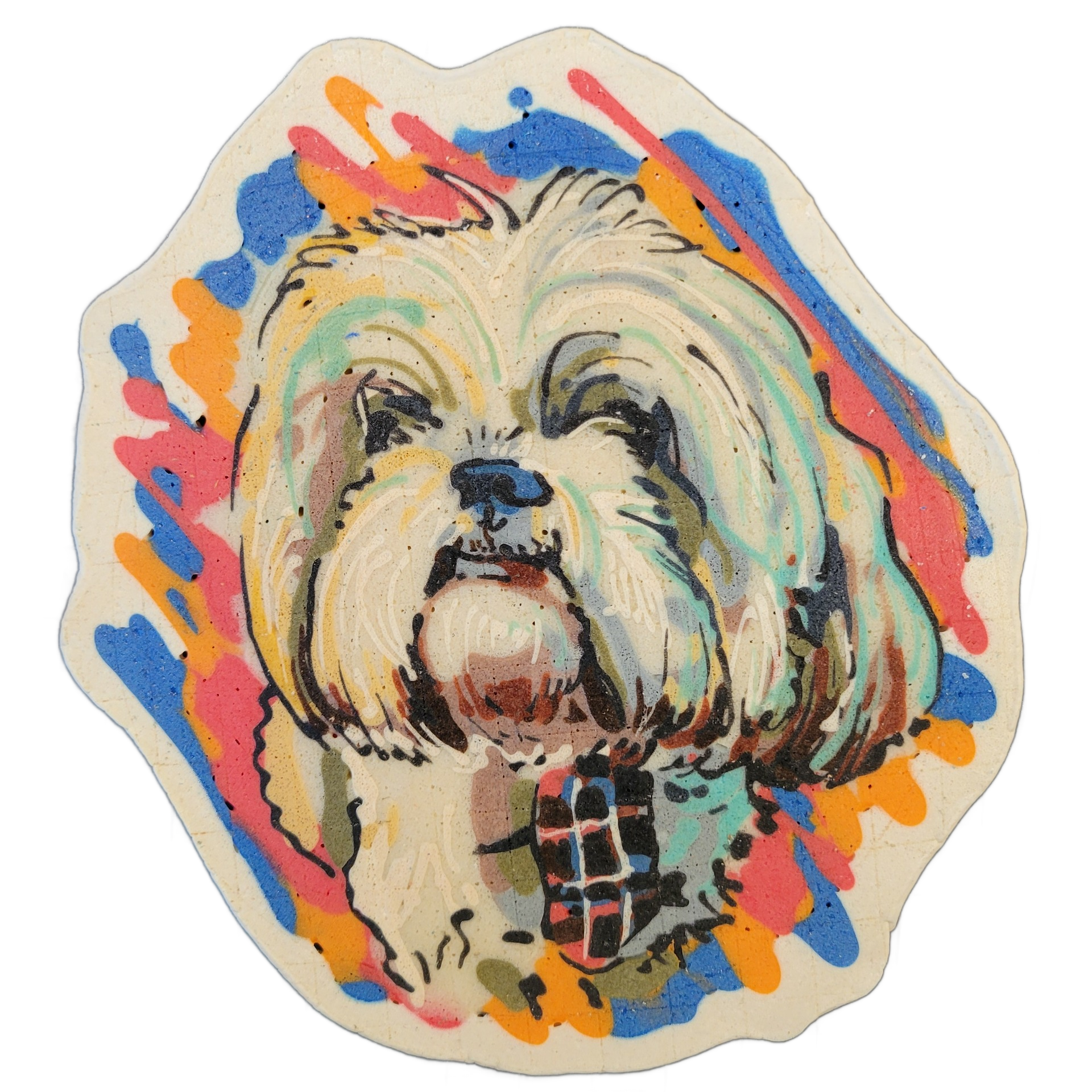 Pancake art portrait of a long-haired small dog named Barnaby, facing slightly upward, with flowing fur rendered in layered strokes of cream, teal, olive, and warm brown, wearing a plaid collar or bandana at the base of the composition, set against a cream background surrounded by loose brushstroke…