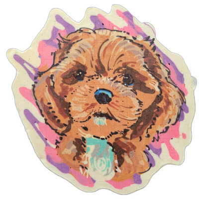 Pancake art portrait of a dog named Harper, depicted from the neck up facing forward, with a rounded face, dark eyes, a black nose with blue-tinted highlight, and a teal-colored tongue visible below the mouth, set against a background of loose pink and violet brushstroke-style batter stripes radiat…