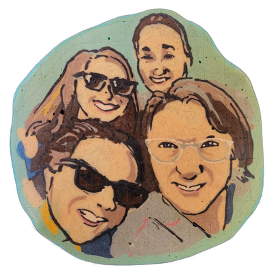 Pancake art titled 'Edge Lords' depicting four faces grouped closely together: in the upper left, a person with long brown hair wearing dark sunglasses; upper right, a person with shorter brown hair and no visible eyewear; lower left, a person with short dark hair wearing dark sunglasses; lower rig…