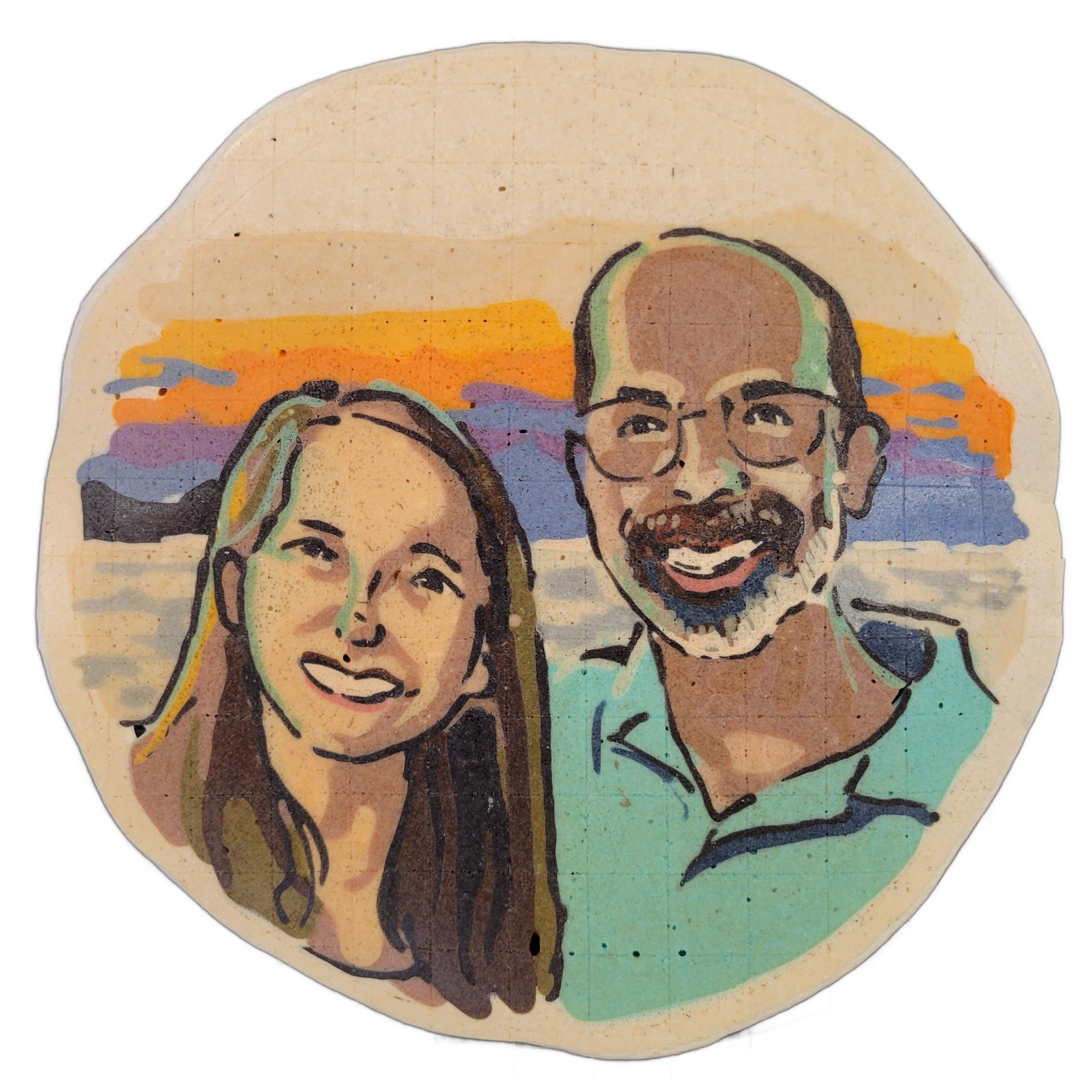 Pancake art portrait of two people, Cyrus and Jenica, shown from the shoulders up against a horizontally striped background in orange, yellow, purple, blue, and gray suggesting a sky or sunset. The piece is rendered with bold dark outlines and flat color fills; Jenica appears on the left with long…