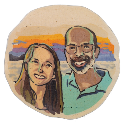 Pancake art portrait of two people, Cyrus and Jenica, shown from the shoulders up against a horizontally striped background in orange, yellow, purple, blue, and gray suggesting a sky or sunset. The piece is rendered with bold dark outlines and flat color fills; Jenica appears on the left with long…