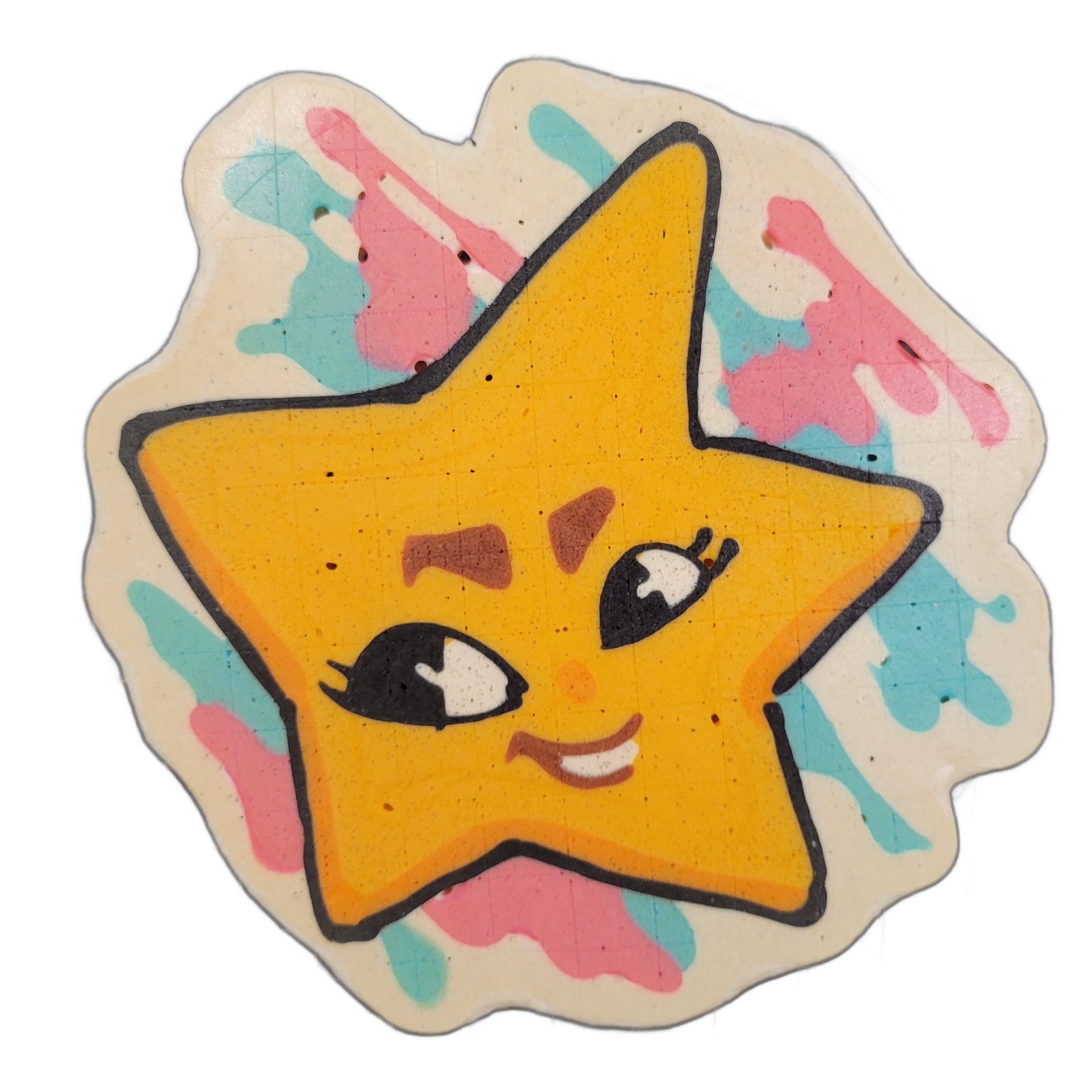 Pancake art depicting Charli, a JoP original character designed as a sentient five-pointed star with a cartoon face featuring large expressive eyes with lashes, rosy cheek marks, and a small open smile showing teeth, set against a cream-colored irregular background splashed with loose drips and blo…