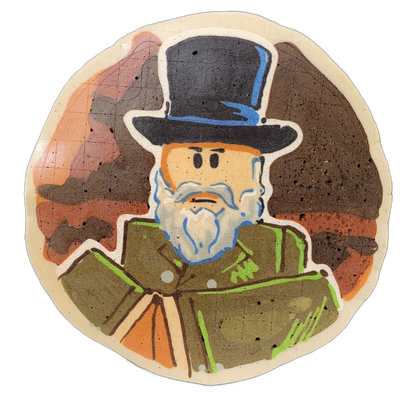 Pancake art portrait of Bubbles from Guts & Blackpowder, depicted as a blocky cartoon figure with a square tan face, small rectangular eyes and nose, and a full white beard with blue outline detail, wearing a dark top hat with a blue band and a olive-green double-breasted coat with bright green acc…