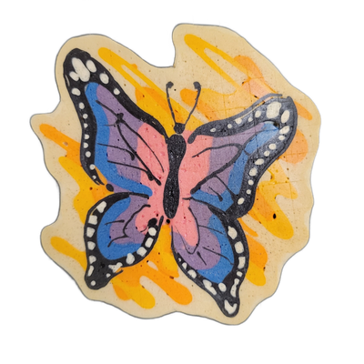 A butterfly with open wings, centered on a cream-colored irregular background shape with orange-yellow paint-drip-style edges radiating outward. The butterfly is rendered in bold black outlines with wing areas filled in blue, violet, and pink batter, white dot accents along the wing margins, and fi…
