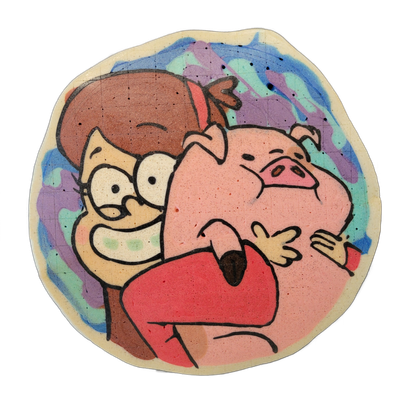 Pancake art depicting Mabel, a cartoon girl with brown hair pulled back and large round eyes, wearing a red top and hugging a small pink pig named Waddles, whose snout and ears are visible over her shoulder. Bold black outlines define both figures against a circular background filled with swirling…