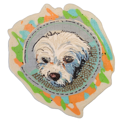 Pancake art portrait of a small white dog named Frankie, shown from the neck up, centered within a circular frame with dashed and dotted border details and a dot-pattern fill in the lower portion of the circle. The portrait is rendered with fine black batter lines for fur texture and facial feature…