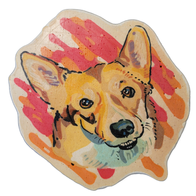 Pancake art portrait of a Corgi named Finnegan, shown from the shoulders up facing slightly left, with large upright ears, round dark eyes, a dark nose, and an open mouth showing teeth and a hint of tongue, wearing what appears to be a light teal collar. The piece is illustrated with bold black out…