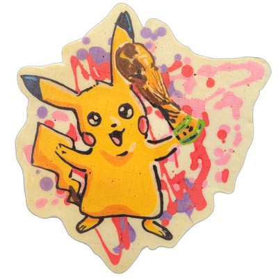Pancake art depicting Pikachu, the yellow electric-type Pokémon character, shown in a full-body upright pose with mouth open and one arm raised overhead holding what appears to be the FIFA World Cup trophy, rendered against a cream-colored irregular background splattered with red, pink, and purple…