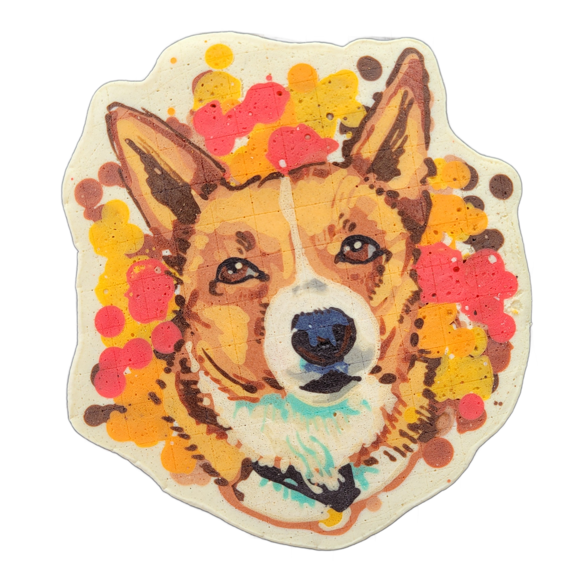 Pancake art portrait of a dog named Biscuit, shown from the shoulders up, facing forward with pointed ears, brown eyes, a dark nose, and white facial markings consistent with a Pembroke Welsh Corgi-type appearance, surrounded by a loose arrangement of circular and irregular splatter shapes in red,…