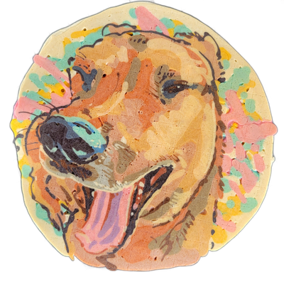 Pancake art portrait of a dog named Gobby, shown from roughly the shoulders up, facing slightly left, with mouth open and tongue visible, surrounded by loosely rendered fur or floral shapes in pink, teal, and yellow around the head. The piece uses fine dark outlines over broad fill areas in orange,…
