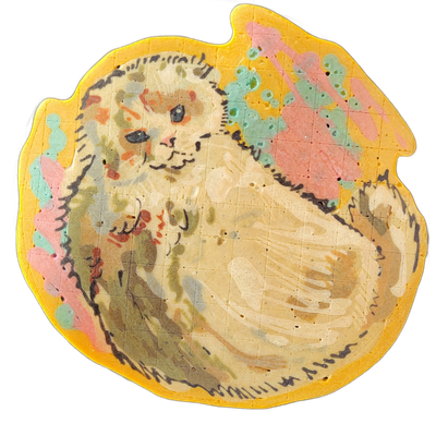 Pancake art of a fluffy cat named Sal, shown in a curled or loaf-like pose facing slightly left, with visible facial features including dark eyes, a small nose, and faint whisker lines. The piece uses fine black batter outlines for detail and facial markings, with fill areas in cream, tan, and mute…