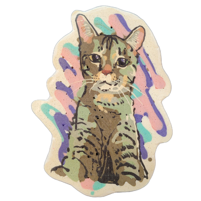 A sitting cat rendered in pancake art, depicted facing forward with both front paws tucked beneath the body, pointed ears, a pink nose, and long white whiskers extending to either side. The cat is outlined in bold dark brown-black lines with fill areas in muted olive green, brown, and tan, overlaid…