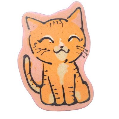 A cartoon-style sitting cat rendered in pancake art, facing forward with both front paws visible, eyes closed in a curved squint, and a small nose with light-colored muzzle and chest patches against an orange tabby body marked with dark stripe lines on the head, legs, and tail; the figure has a pin…