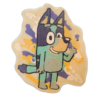 A cartoon blue-and-teal dog character named Bluey, shown standing upright in a front-facing pose with one arm raised and hand open in a wave, a wide eye visible on one side of the face, pointed ears, a snout with an open smile showing teeth, a darker blue-purple upper head and ears, a lighter teal-…