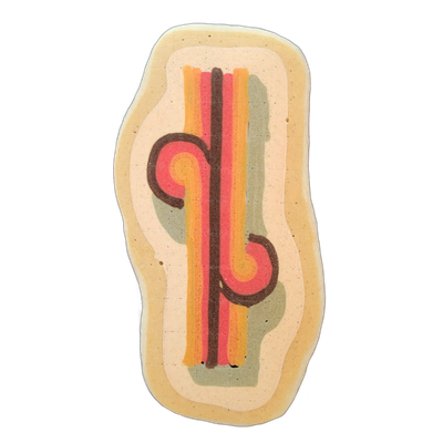 Pancake art titled 'Loop De Loop' by Dan, depicting a stylized vertical letterform or typographic character with two looping curls — one extending left near the upper-center and one near the lower-center — set against vertical stripes in yellow-orange, coral-pink, and dark brown, with a muted sage-…
