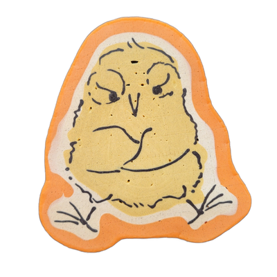 A small, round bird with an irritated expression stands facing forward, wings crossed over its chest, with small clawed feet visible at the bottom; the subject is labeled 'Angry Chick' in the provided context. The pancake art uses bold dark outlines on a yellow fill for the body, set against a whit…
