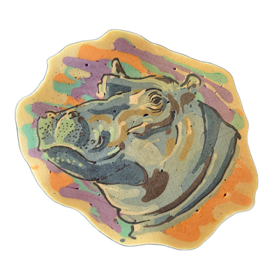 A pancake art portrait of a hippopotamus head shown in three-quarter view, with the animal's wide snout, small eye, rounded ear, and folded neck skin depicted in layered tones of slate blue, gray-green, tan, and brown against a cream-yellow background with splashes of orange, violet, and mint green…