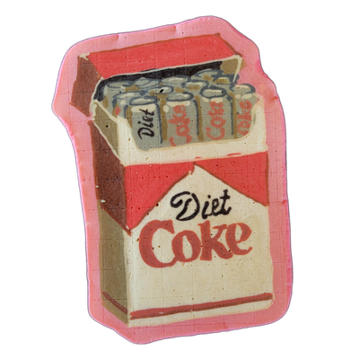 Pancake art depicting a cigarette-pack-shaped container styled with the Diet Coke branding — red and cream panels on the lower portion, with 'Diet' in black script and 'Coke' in bold red lettering, and an open top section showing a row of gray Diet Coke cans viewed from above. The piece uses bold o…