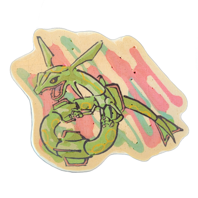 Pancake art depicting a large serpentine dragon-like creature with a elongated green body, coiled lower section, clawed limbs, angular head with pointed horns or fins, and a long tapering tail, set against a background of diagonal pink and mint-green drip or streak shapes on a cream-colored ground.…