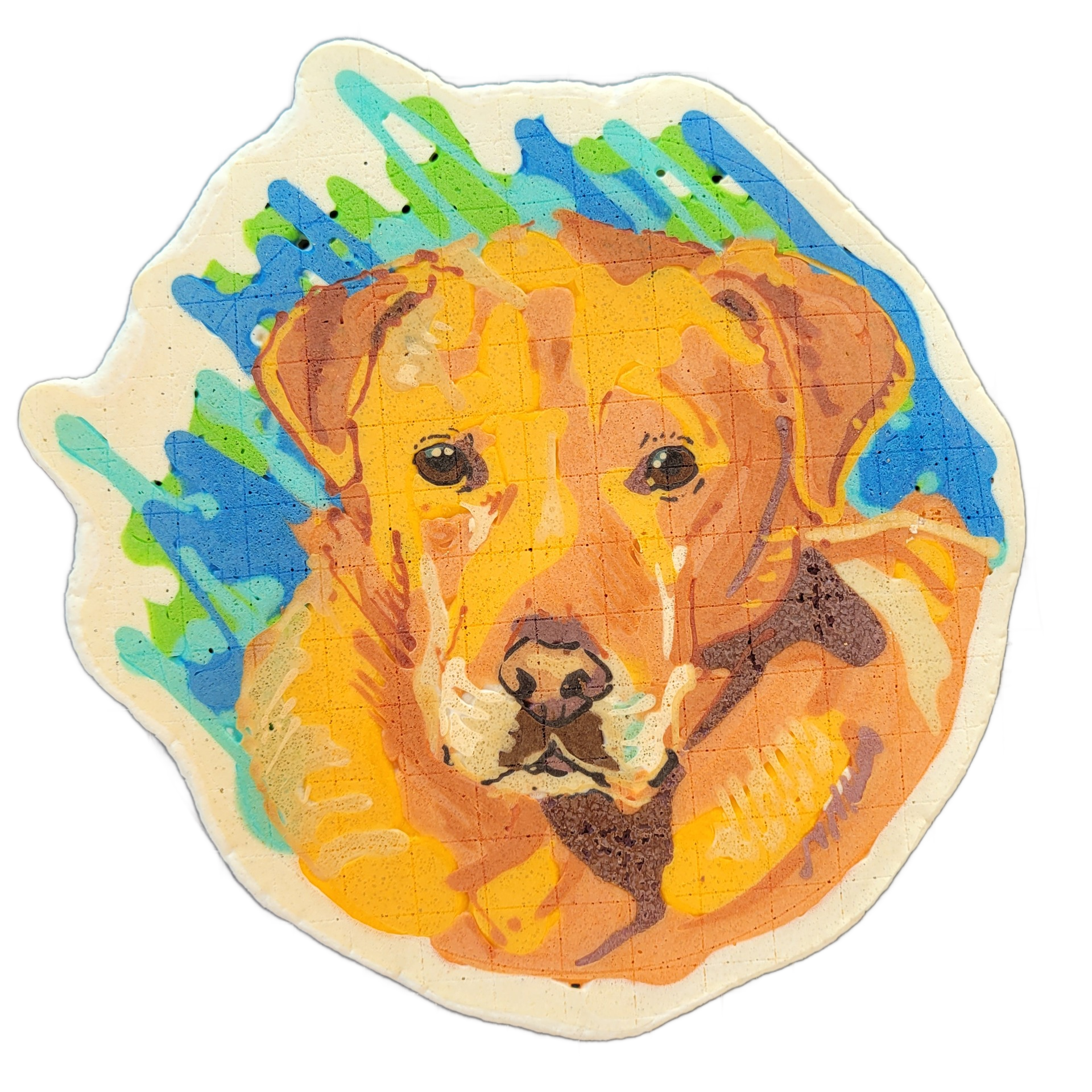 Pancake art portrait of a dog named Tuck, shown from the chest up, facing forward with a slightly lowered head, large expressive eyes, a broad muzzle, and folded ears. The figure is rendered with bold outlines and layered batter in warm golden-yellow, orange, and brown tones, set against a backgrou…
