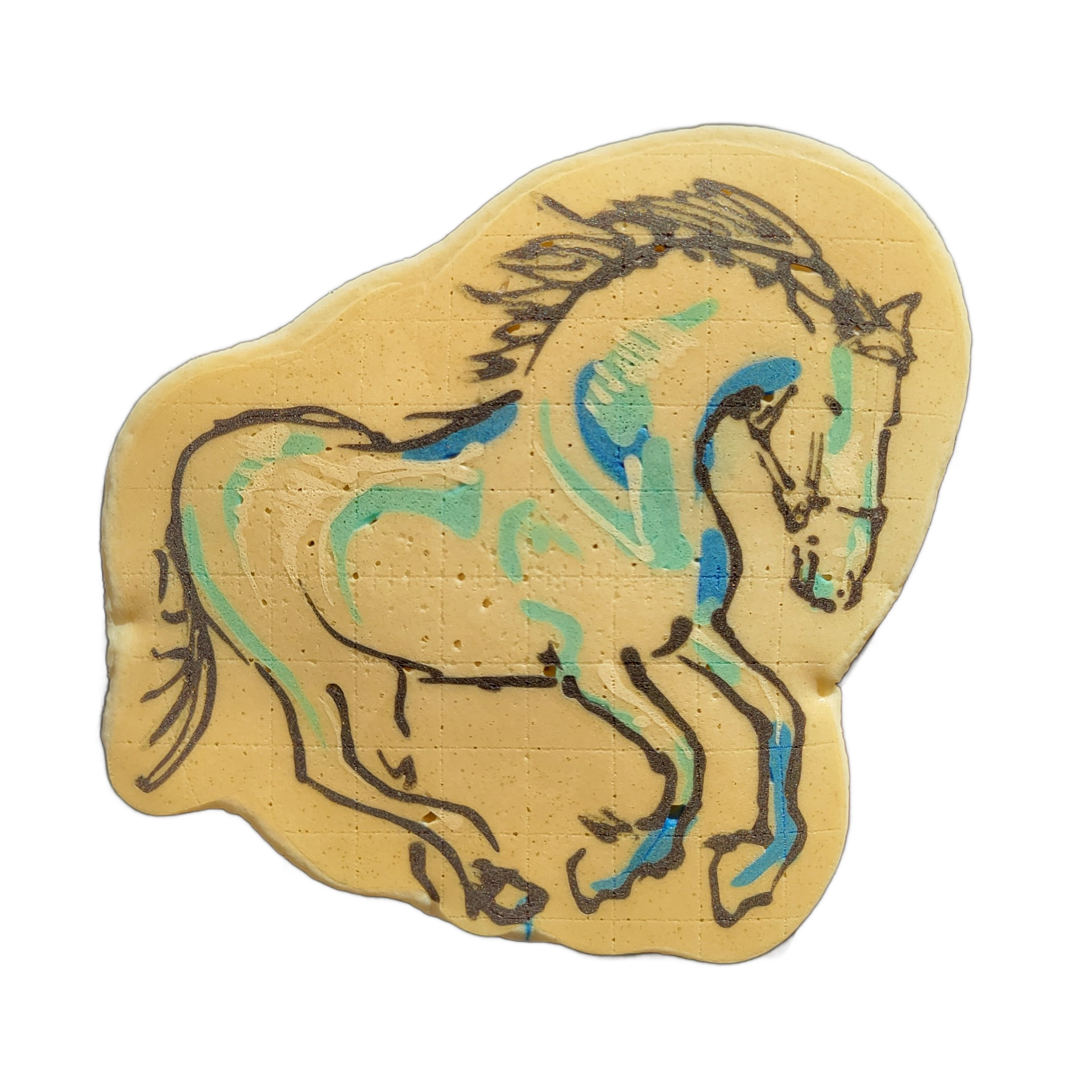 A pancake art piece depicting a horse in a rearing or prancing pose, shown from the side with its head turned slightly toward the viewer, mane flowing, and front legs lifted.