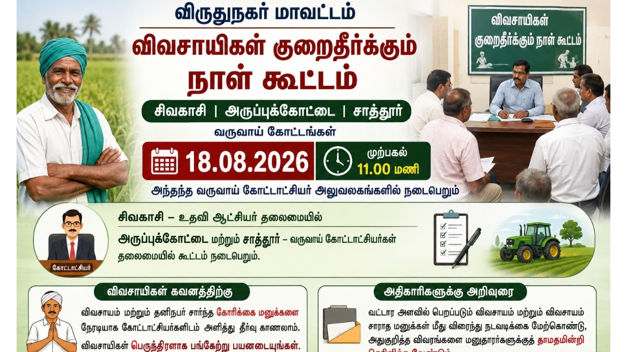 ஆகஸ்ட் 18-இல் கோட்ட அளவிலான விவசாயிகள் குறைதீர்க்கும் கூட்டம் - மாவட்ட ஆட்சியர் தகவல்