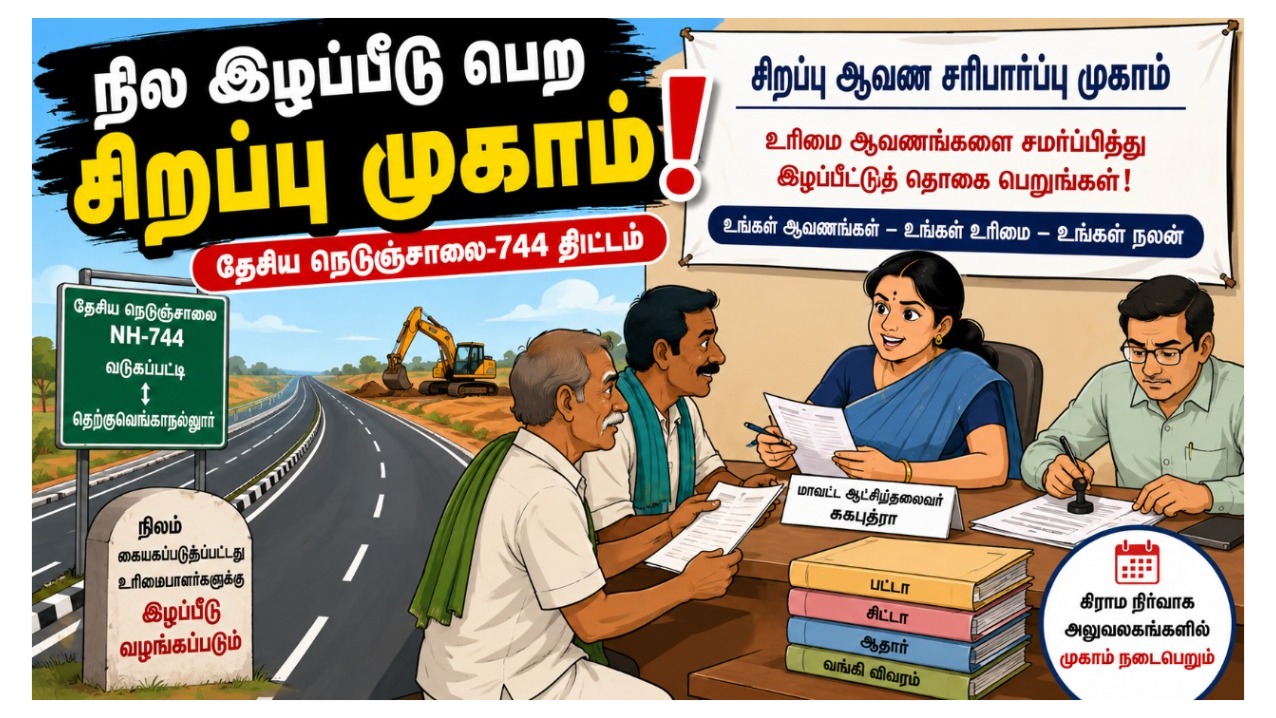 தேசிய நெடுஞ்சாலை-744 நில உரிமையாளர்களுக்கு சிறப்பு முகாம்: இழப்பீடு பெற ஆவணங்கள் சமர்ப்பிக்க அழைப்பு